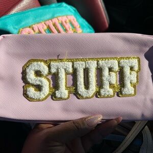 Pink Pouch with 'STUFF' Embroidery